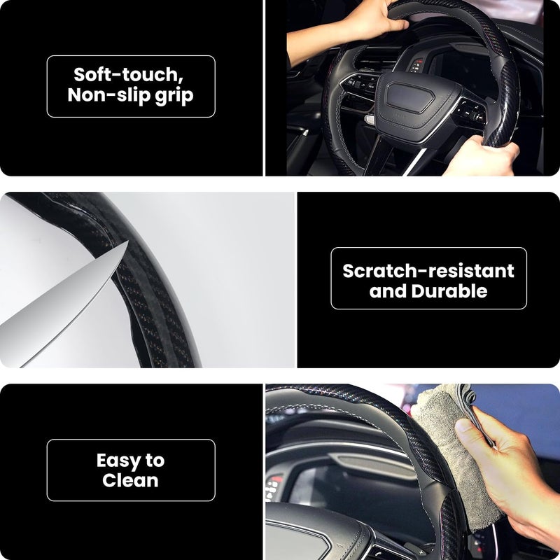 Hiseanllo Carbon Fiber Steering Wheel Cover 3PCS Set â€“ Anti-Slip, Scratch-Resistant, Universal Fit for 14â€“16 Inch Wheels â€“ Interior Car Accessories for Cars, SUVs, Trucks (Black) - Image 4