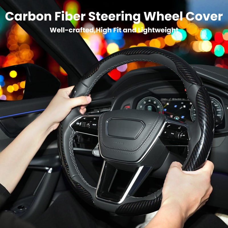 Hiseanllo Carbon Fiber Steering Wheel Cover 3PCS Set â€“ Anti-Slip, Scratch-Resistant, Universal Fit for 14â€“16 Inch Wheels â€“ Interior Car Accessories for Cars, SUVs, Trucks (Black) - Image 2