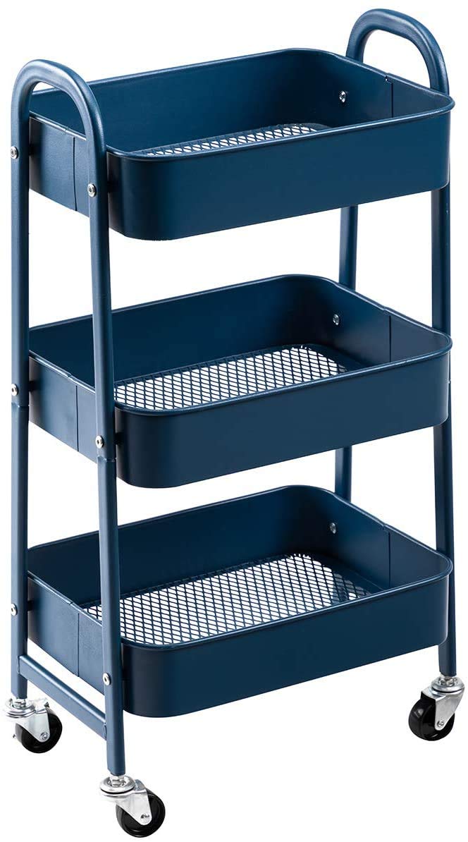 DOEWORKS 3Tier Storage Trolley on Wheels Metal Storage Cart Rolling Kitchen Trolley Craft Trolleys Beauty Trolleys Utility Cart for Books Bedroom Bathroom Office Navy Blue