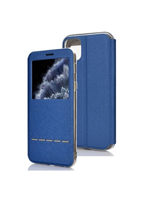 Case Cover For iPhone 11 Pro Matte Texture Horizontal Flip Bracket Mobile Phone Holster Window with Caller ID and Metal Button Slide To Unlock Blue