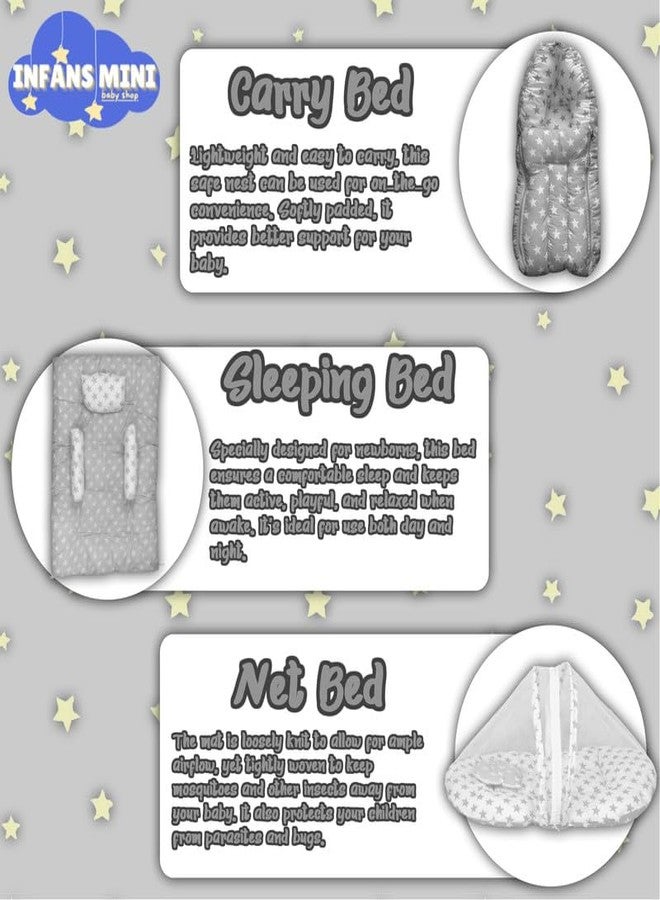 Infans Mini New Born Baby Bedding Set Premium Cotton|Baby Carry Bed|Mosquito Net Bed|Baby Sleeping Bed for 4-8 Months Babies(Mega)|Unisex 3 Pcs Portable Bedding Set |(Milky Star Grey) - Image 2