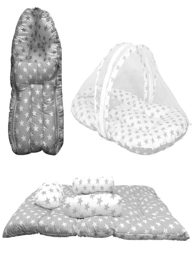 Infans Mini New Born Baby Bedding Set Premium Cotton|Baby Carry Bed|Mosquito Net Bed|Baby Sleeping Bed for 4-8 Months Babies(Mega)|Unisex 3 Pcs Portable Bedding Set |(Milky Star Grey) - Image 1