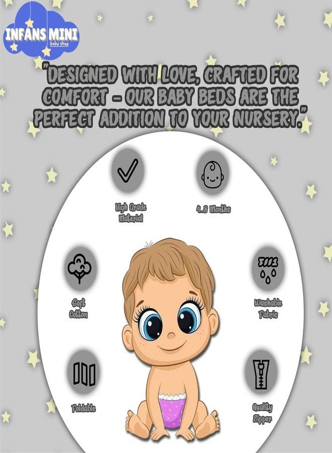 Infans Mini New Born Baby Bedding Set Premium Cotton|Baby Carry Bed|Mosquito Net Bed|Baby Sleeping Bed for 4-8 Months Babies(Mega)|Unisex 3 Pcs Portable Bedding Set |(Milky Star Grey) - Image 3