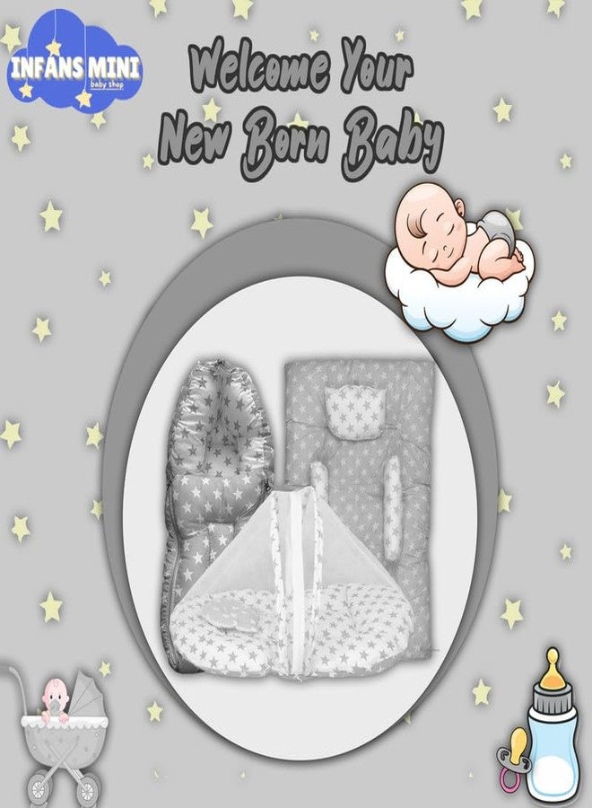 Infans Mini New Born Baby Bedding Set Premium Cotton|Baby Carry Bed|Mosquito Net Bed|Baby Sleeping Bed for 4-8 Months Babies(Mega)|Unisex 3 Pcs Portable Bedding Set |(Milky Star Grey) - Image 5