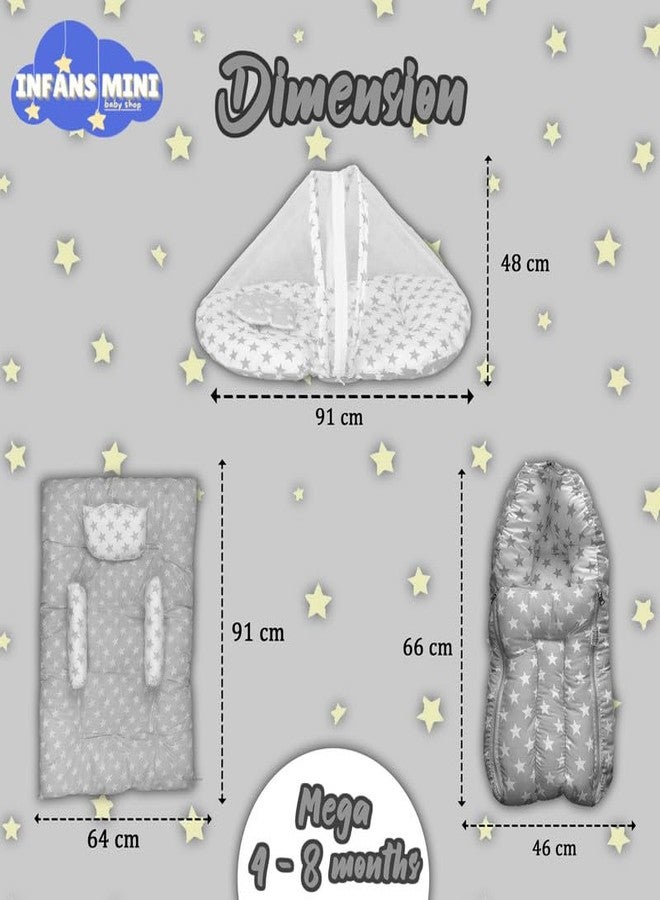 Infans Mini New Born Baby Bedding Set Premium Cotton|Baby Carry Bed|Mosquito Net Bed|Baby Sleeping Bed for 4-8 Months Babies(Mega)|Unisex 3 Pcs Portable Bedding Set |(Milky Star Grey) - Image 4