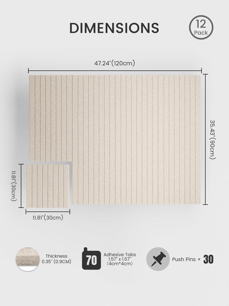Bumusty Large Cork Board Alternative-48 x 36" Felt Bulletin Board Tiles, with 30 Pushpins, 70 Adhesive Tabs, 12-Pack Slat Wall Paneling, Cork Boards for Office Push Pin Board Felt Board-Oatmeal - Image 2