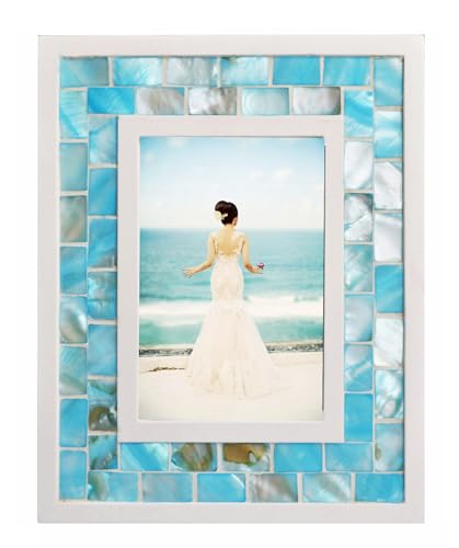 GIFTME 5 GIFTME 5 Picture Frame 4x6 Mother of Pearl Photo Frame 4 by 6Tabletop or Wall Hanging Mosaic Picture Frame 4x6 inch Blue1pc 