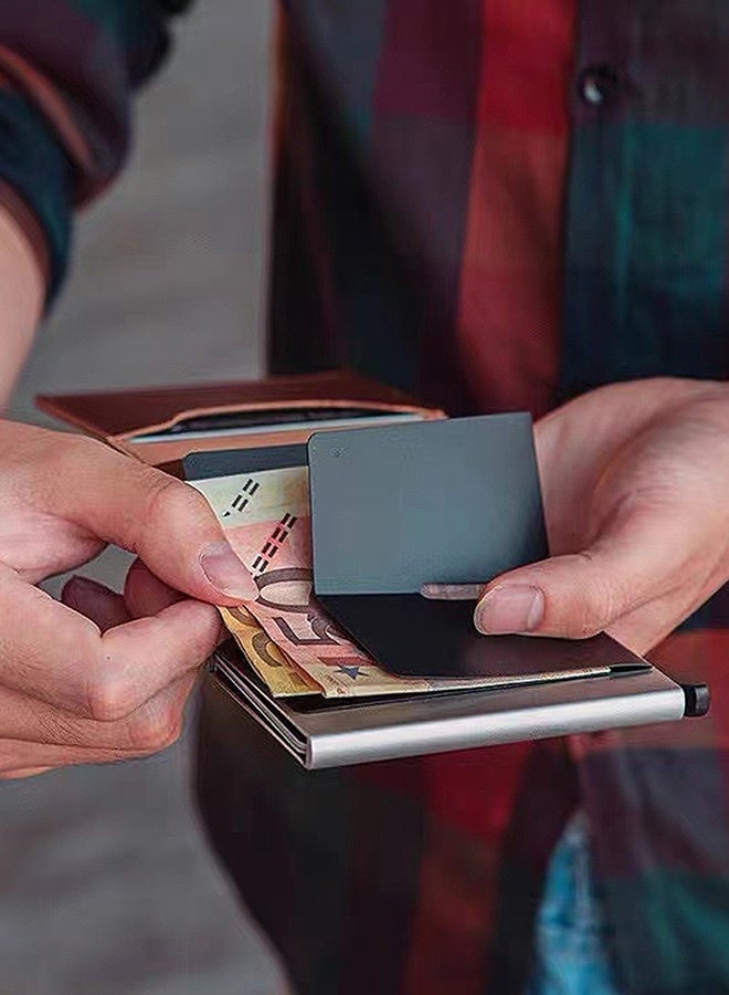 Tersely Card Holder Pop Up Cards,Credit Card Holder RFID Blocking Wallet Slim Wallet PU Leather Vintage Aluminum Automatic Side Slide Trigger Card Case Wallet Security Travel Wallet - Image 5