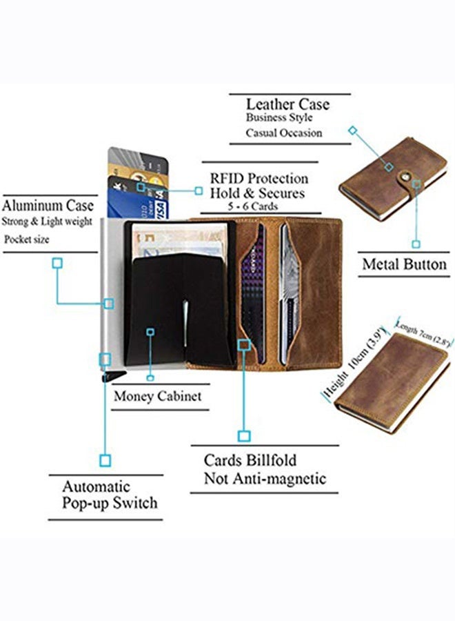 Tersely Card Holder Pop Up Cards,Credit Card Holder RFID Blocking Wallet Slim Wallet PU Leather Vintage Aluminum Automatic Side Slide Trigger Card Case Wallet Security Travel Wallet - Image 2