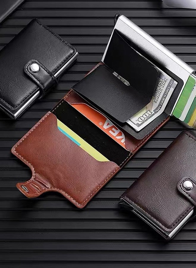 Tersely Card Holder Pop Up Cards,Credit Card Holder RFID Blocking Wallet Slim Wallet PU Leather Vintage Aluminum Automatic Side Slide Trigger Card Case Wallet Security Travel Wallet - Image 4