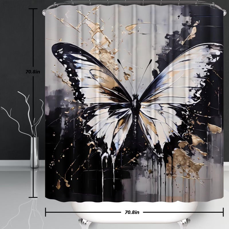 Chrainy 4 Pcs Black Butterfly Shower Curtain Set with Rugs Grey and Gold Bathroom Set Modern Bathroom Accessories Decor with Bath Mats,Rugs - Image 3