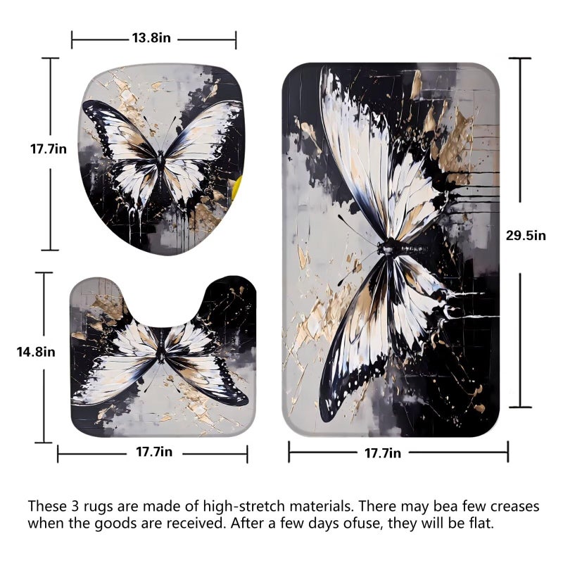 Chrainy 4 Pcs Black Butterfly Shower Curtain Set with Rugs Grey and Gold Bathroom Set Modern Bathroom Accessories Decor with Bath Mats,Rugs - Image 4