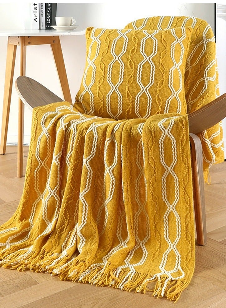 Loquat Bohemian Style Tassel Design Knitted Soft Throw Blanket Keep Warm Yellow/White