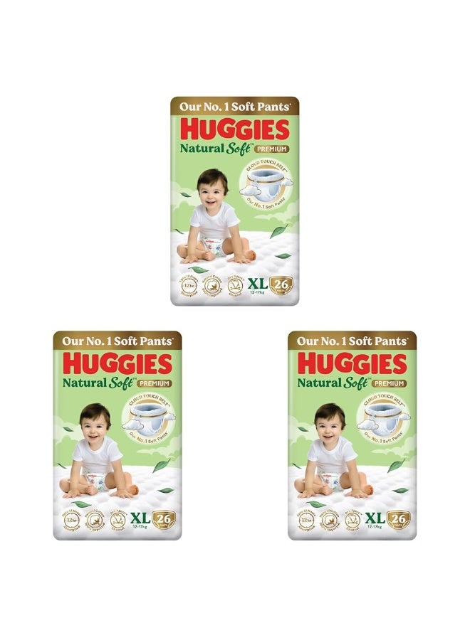 Huggies Natural Soft Premium Baby Diaper Pants, Our No.1 Soft Pants, Extra Large (XL) Size (12-17 Kgs), Pack of 26*3 diapers | Cloud Softness All over with India's 1st Cloud Touch Belt