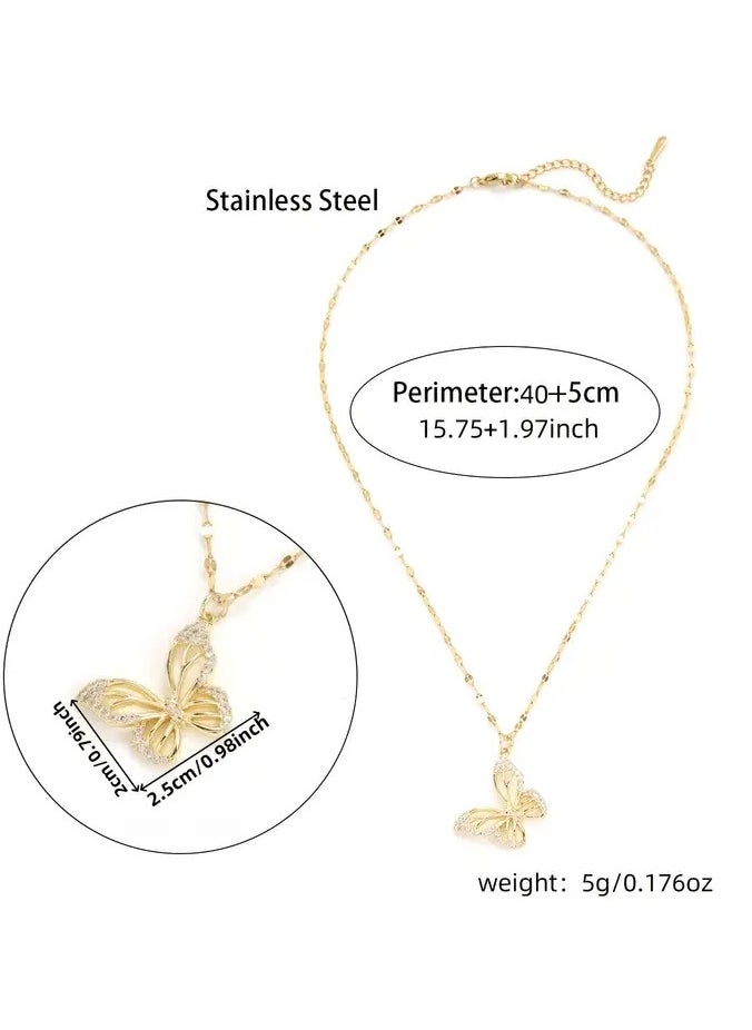 Home Clearance Sale - Elegant Golden-Tone Butterfly Pendant Necklace with Sparkling Cubic Zirconia - Vintage Style Stainless Steel Jewelry, Ideal Gift for Women and Girls, Perfect for Casual Attire, Butterfly Jewelry - Image 1