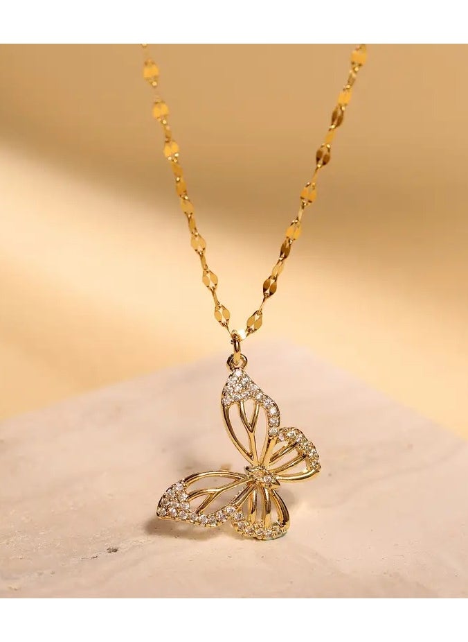 Home Clearance Sale - Elegant Golden-Tone Butterfly Pendant Necklace with Sparkling Cubic Zirconia - Vintage Style Stainless Steel Jewelry, Ideal Gift for Women and Girls, Perfect for Casual Attire, Butterfly Jewelry - Image 1