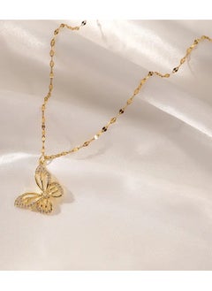 Elegant Golden-Tone Butterfly Pendant Necklace with Sparkling Cubic Zirconia - Vintage Style Stainless Steel Jewelry, Ideal Gift for Women and Girls, Perfect for Casual Attire, Butterfly Jewelry