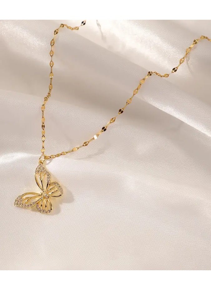 Home Clearance Sale - Elegant Golden-Tone Butterfly Pendant Necklace with Sparkling Cubic Zirconia - Vintage Style Stainless Steel Jewelry, Ideal Gift for Women and Girls, Perfect for Casual Attire, Butterfly Jewelry - Image 1