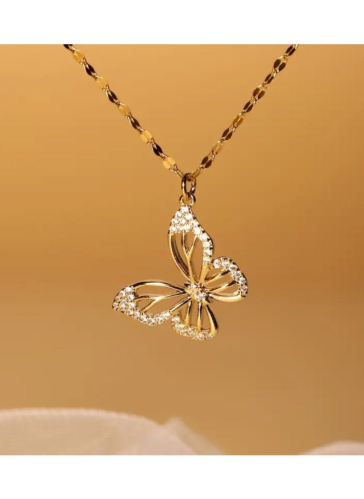 Home Clearance Sale - Elegant Golden-Tone Butterfly Pendant Necklace with Sparkling Cubic Zirconia - Vintage Style Stainless Steel Jewelry, Ideal Gift for Women and Girls, Perfect for Casual Attire, Butterfly Jewelry - Image 1