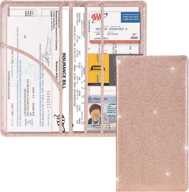 Cacturism Car Registration and Insurance Holder, Car Accessories Vehicle Glove Box Car Organizer Men Women Wallet Case with Magnetic Shut for Cards, Essential Document, Driver License, Bling Rose Gold - Image 1