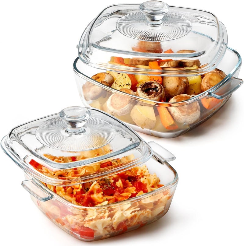 Mevanta Glass Casserole with Lid - 1000ML Borosilicate Glass Bowl for Cooking Baking Serving Mixing Storing - Microwave & Oven Safe Serving Bowl with Lid for Kitchen ,Dining , Food Multipurpose (Square - 1000ML, Set of 2) - Image 1