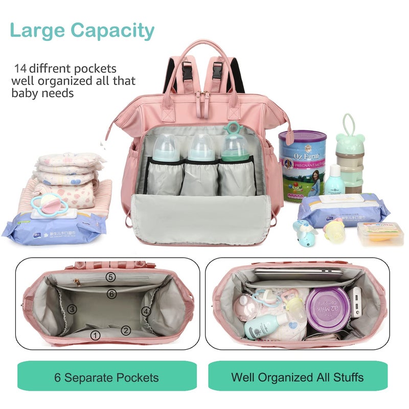LORADI Convertible Diaper Bag Tote, Wide Open Top 14 Pockets Stylish Baby Diaper Bag with Stroller Buckle, Water-resistant (Pink, Large) - Image 2