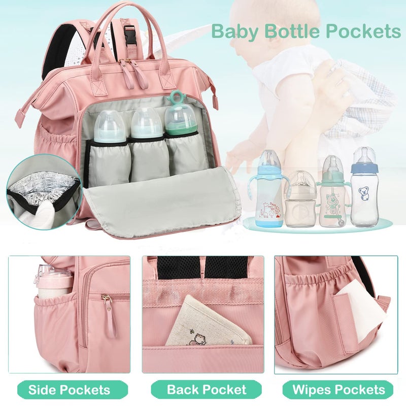 LORADI Convertible Diaper Bag Tote, Wide Open Top 14 Pockets Stylish Baby Diaper Bag with Stroller Buckle, Water-resistant (Pink, Large) - Image 3