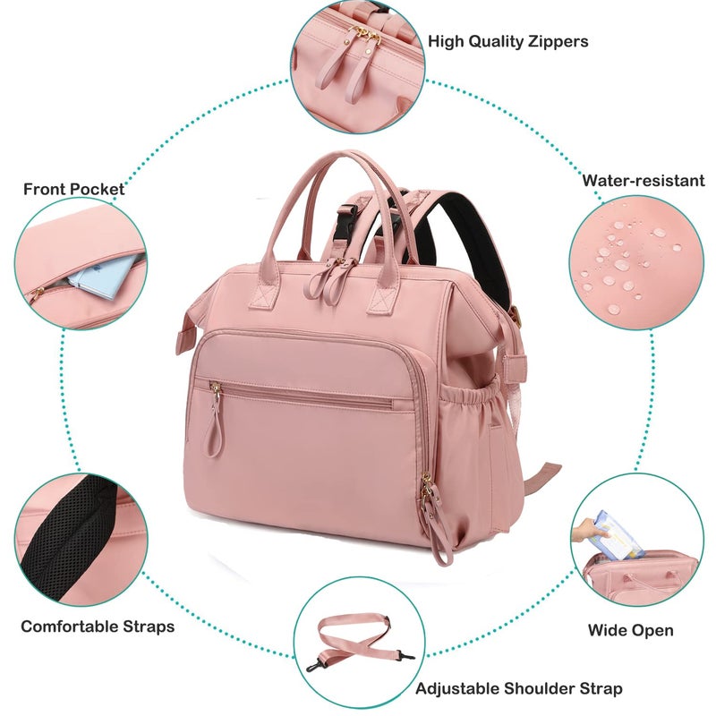 LORADI Convertible Diaper Bag Tote, Wide Open Top 14 Pockets Stylish Baby Diaper Bag with Stroller Buckle, Water-resistant (Pink, Large) - Image 4