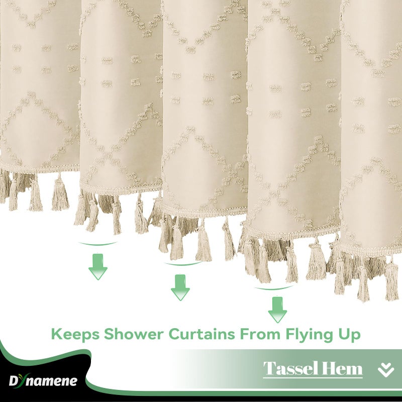 Dynamene 78 Inches Long Shower Curtain  Boho Tufted Geometric Striped Tall Cloth Shower Curtains for Bathroom Decor  Large Hotel Luxury Shower Curtain Set with Hook  Wrinkle Free  Beige  72x78 - Image 3