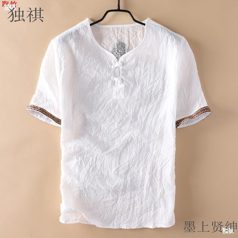 Linen T-Shirt Men'S Summer Clothes Loose Half Sleeve Thin Breathable Cotton Linen Half Sleeve Chinese Style Embroidered Top - Image 1