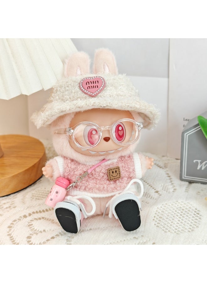 Generic 5-piece Labubu clothing set - Labubu costumes, 17 cm Labubu doll chic style set - clothing + light pink heart-shaped velvet hat + pink water bottle + glasses + canvas shoes（Doll not included）  - Image 1