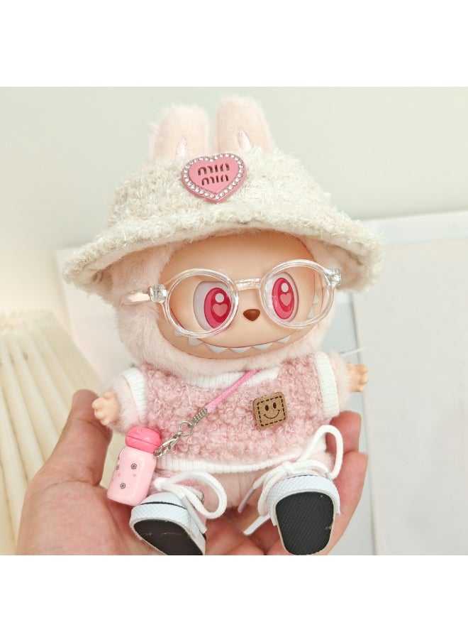 Generic 5-piece Labubu clothing set - Labubu costumes, 17 cm Labubu doll chic style set - clothing + light pink heart-shaped velvet hat + pink water bottle + glasses + canvas shoes（Doll not included）  - Image 2