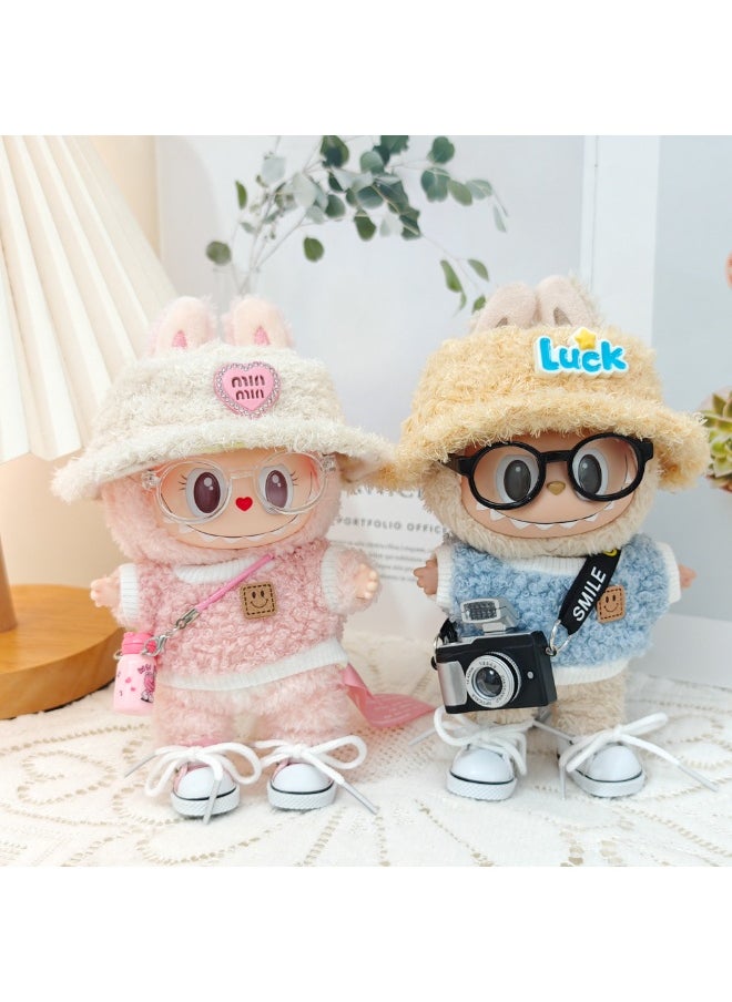 Generic 5-piece Labubu clothing set - Labubu costumes, 17 cm Labubu doll chic style set - clothing + light pink heart-shaped velvet hat + pink water bottle + glasses + canvas shoes（Doll not included）  - Image 3