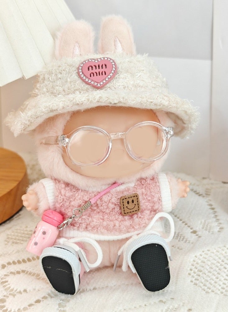 5-piece Labubu clothing set - Labubu costumes, 17 cm Labubu doll chic style set - clothing + light pink heart-shaped velvet hat + pink water bottle + glasses + canvas shoes（Doll not included） - Image 1