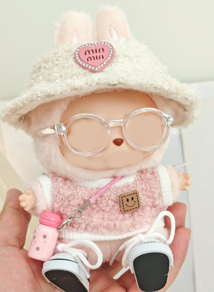 5-piece Labubu clothing set - Labubu costumes, 17 cm Labubu doll chic style set - clothing + light pink heart-shaped velvet hat + pink water bottle + glasses + canvas shoes（Doll not included） - Image 2
