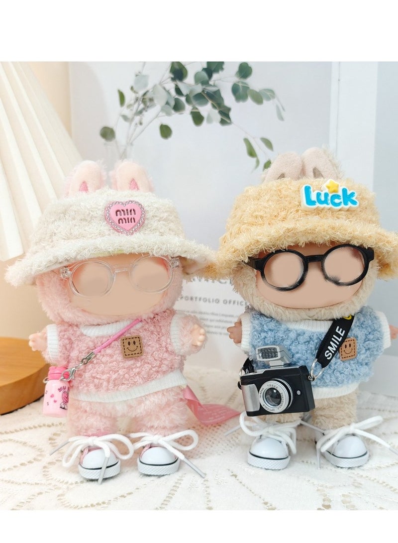 5-piece Labubu clothing set - Labubu costumes, 17 cm Labubu doll chic style set - clothing + light pink heart-shaped velvet hat + pink water bottle + glasses + canvas shoes（Doll not included） - Image 3