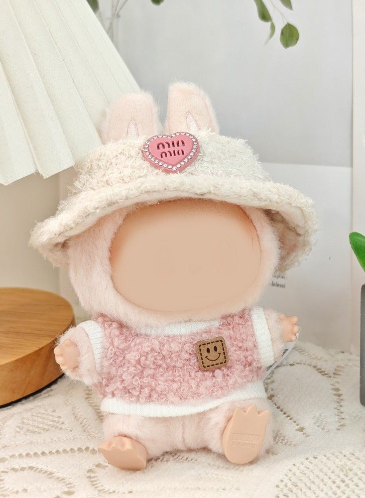 5-piece Labubu clothing set - Labubu costumes, 17 cm Labubu doll chic style set - clothing + light pink heart-shaped velvet hat + pink water bottle + glasses + canvas shoes（Doll not included） - Image 5