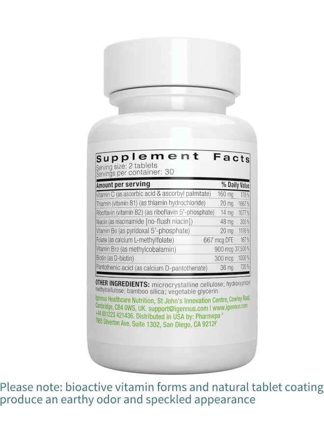 Igennus Healthcare Nutrition - Super B-Complex – Methylated Sustained Release B Complex & Vitamin C, Folate & Methylcobalamin, Vegan, Energy, Heart & Brain Function, 60 Small Tablets - Image 1