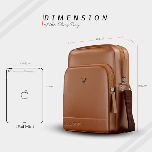 REDHORNS Genuine Leather Sling Bag for Men & Women, Small Crossbody Shoulder Bag with Zipper Pocket, Stylish Travel & Office Messenger Bag, 15.5X18.5X7 CM (Tan) - Image 3