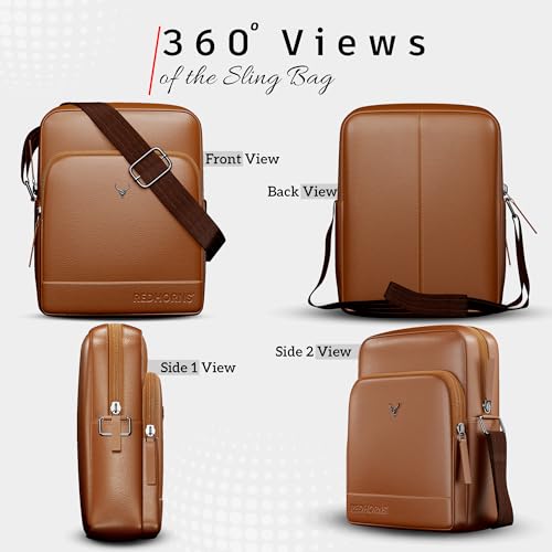 REDHORNS Genuine Leather Sling Bag for Men & Women, Small Crossbody Shoulder Bag with Zipper Pocket, Stylish Travel & Office Messenger Bag, 15.5X18.5X7 CM (Tan) - Image 5