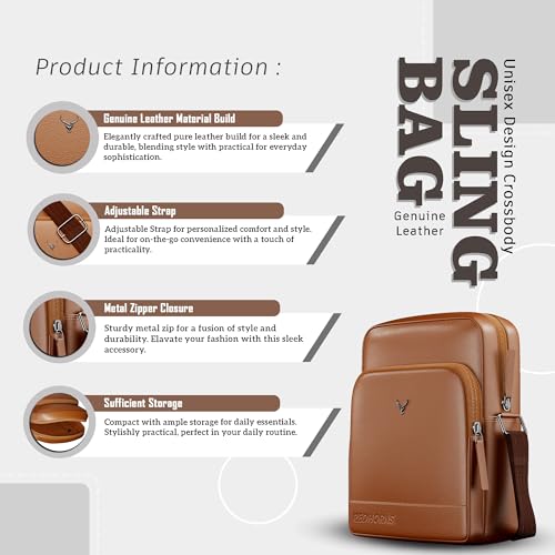 REDHORNS Genuine Leather Sling Bag for Men & Women, Small Crossbody Shoulder Bag with Zipper Pocket, Stylish Travel & Office Messenger Bag, 15.5X18.5X7 CM (Tan) - Image 2