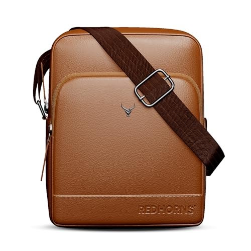 REDHORNS Genuine Leather Sling Bag for Men & Women, Small Crossbody Shoulder Bag with Zipper Pocket, Stylish Travel & Office Messenger Bag, 15.5X18.5X7 CM (Tan) - Image 1