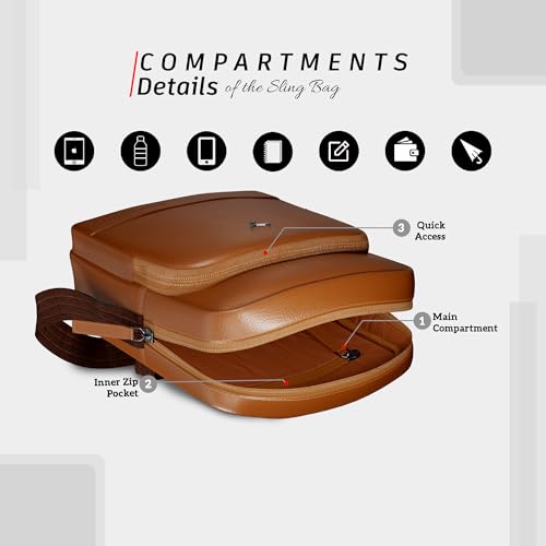 REDHORNS Genuine Leather Sling Bag for Men & Women, Small Crossbody Shoulder Bag with Zipper Pocket, Stylish Travel & Office Messenger Bag, 15.5X18.5X7 CM (Tan) - Image 4
