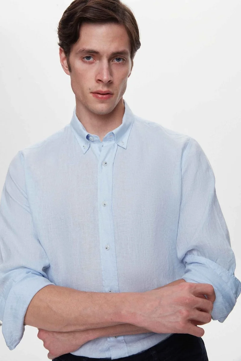 دي أس دامات Comfort Blue 100% Linen Shirt 2HC02G803265M