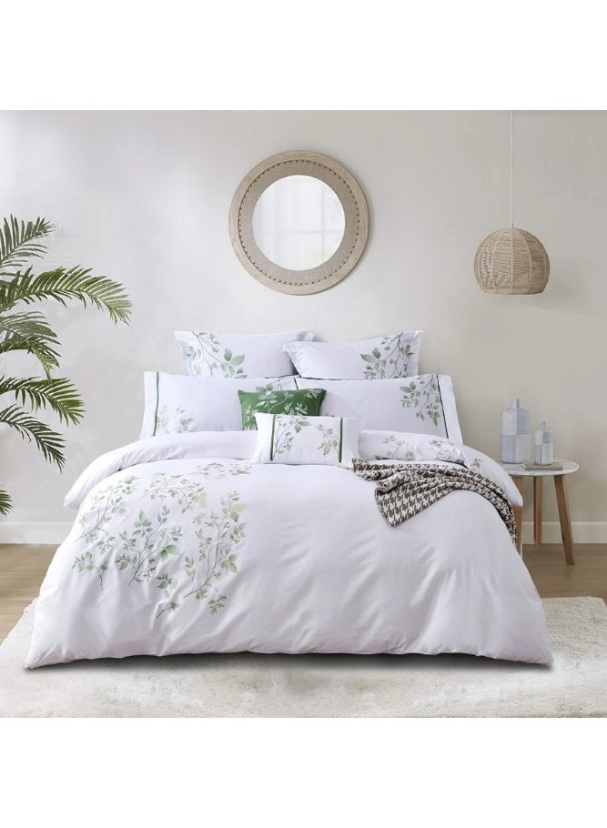 Ferrucci Oceana Duvet Cover from Ferrucci - White with Green Floral Print, 100% Cotton, Queen Size (4 Pieces)