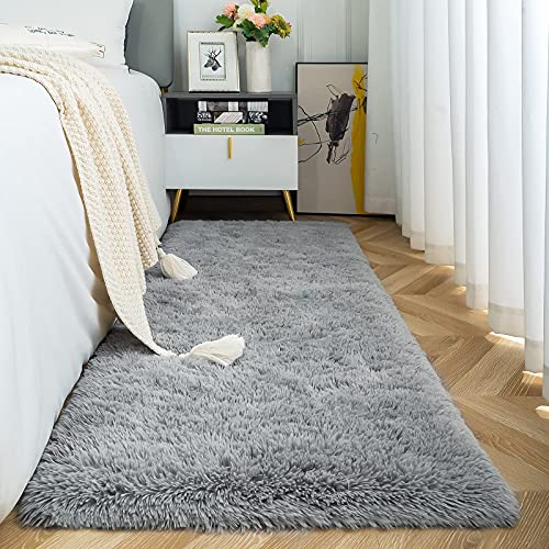ISEAU Fluffy Runner Rug for Dorm, College, Apartment, Bedroom Plush Area Rugs, Shag Carpet with Rubber Backing Non Slip, Comfy Nursery Mat Bedside Rug for Kids Boys Room Home Decor, 2ft x 6ft, Grey - Image 1