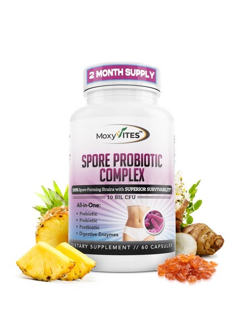 MoxyVites Spore Probiotic Complex - All In One Prebiotics and Probiotics for Digestive Health, Postbiotic, Digestive Enzymes Daily Supplement - Spore Based Probiotic for Women & Men