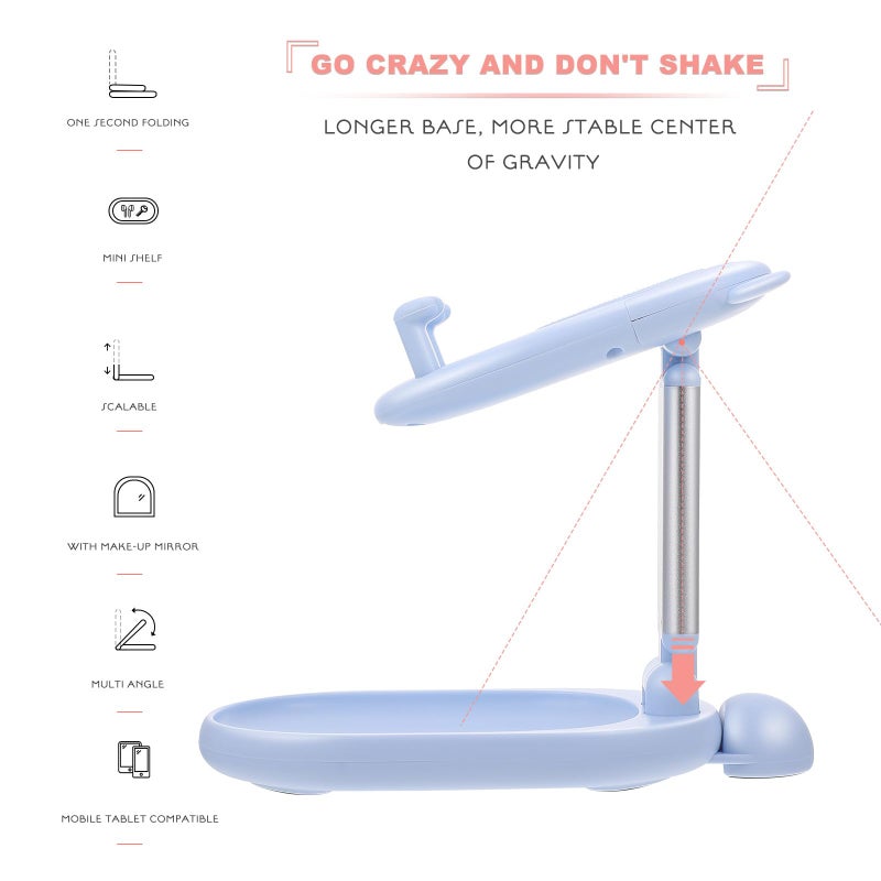 Adjustable Foldable Blue Phone Holder Desktop Stand Beauty Mirror Storage Bracket - Image 4