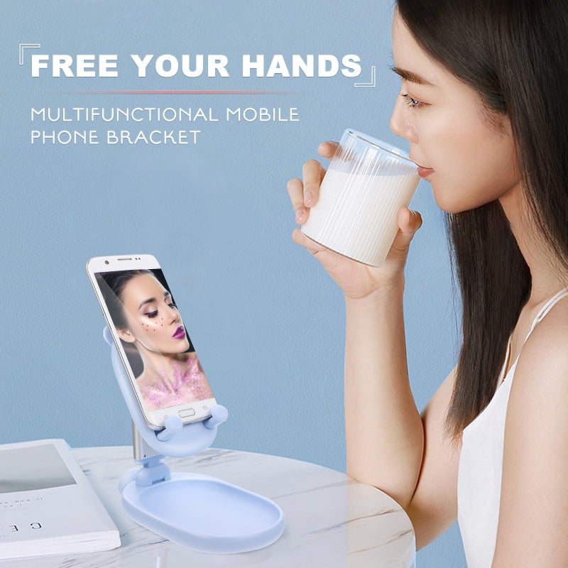 Adjustable Foldable Blue Phone Holder Desktop Stand Beauty Mirror Storage Bracket - Image 5