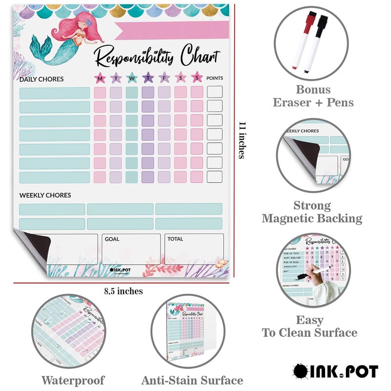 Inkdotpot Magnetic Dry Erase Weekly/Daily Chore Chart for Kids, Reward and Good Behavior Schedule Board With 2 Markers (Mermaid) - Image 3